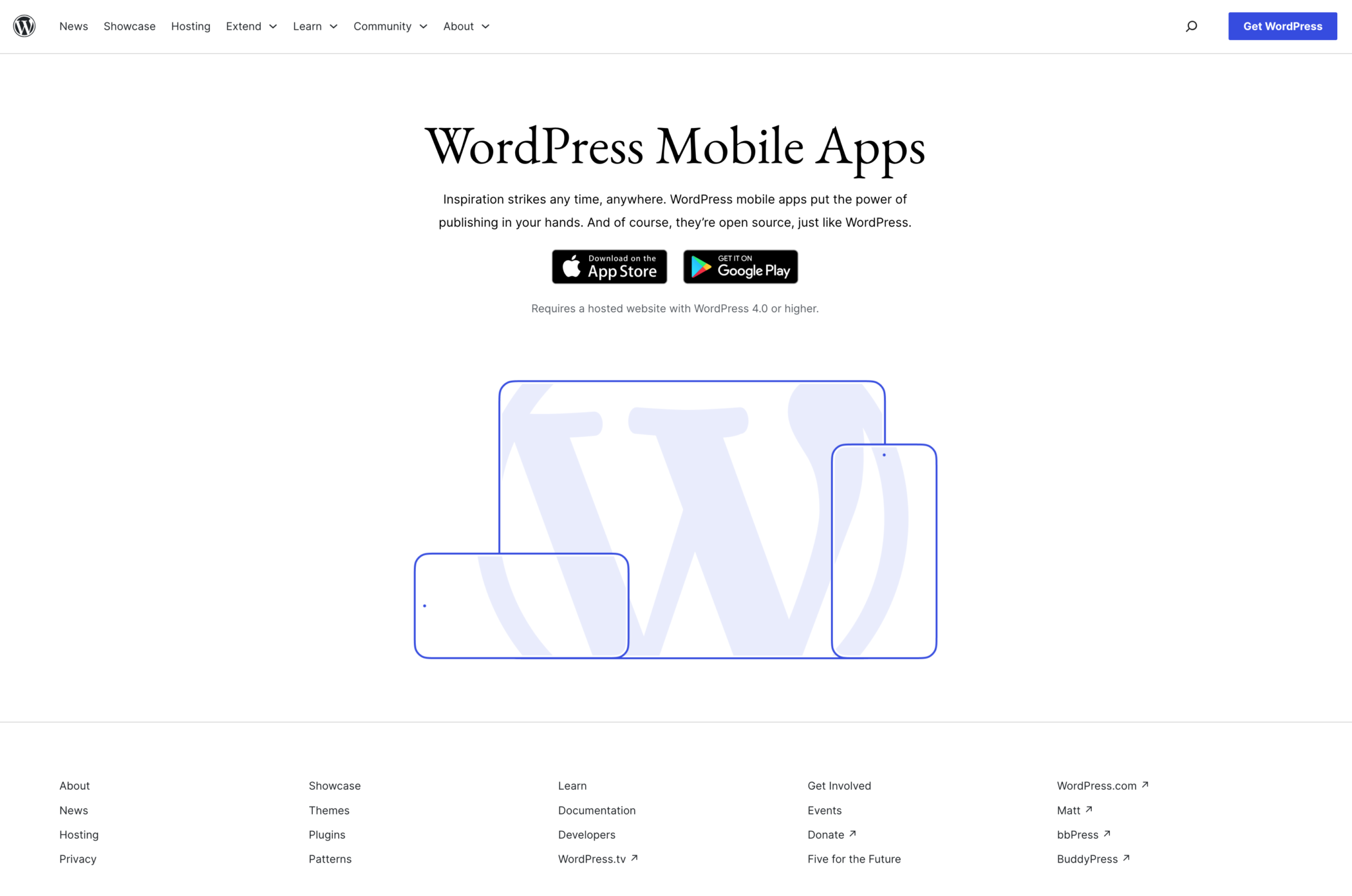 WordPress Mobile Apps landing page has three marketing sentences, links to the Apple and Google app stores and a graphic of mobile devices and the WordPress logo.